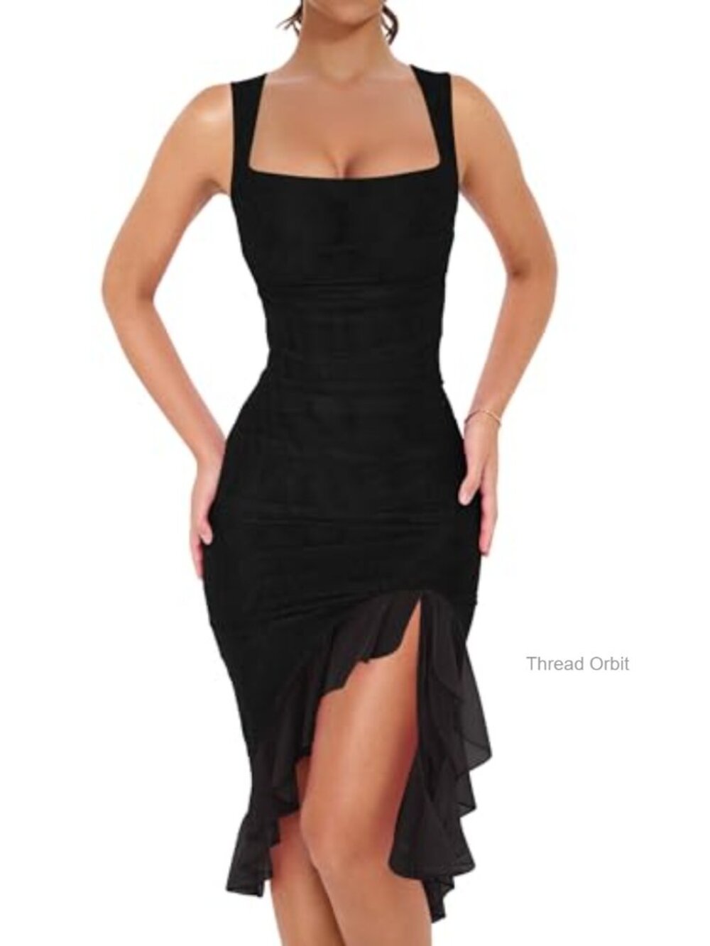 Women's Ruched Bodycon Midi Dress Ruffle Hem Square Neck Party Club